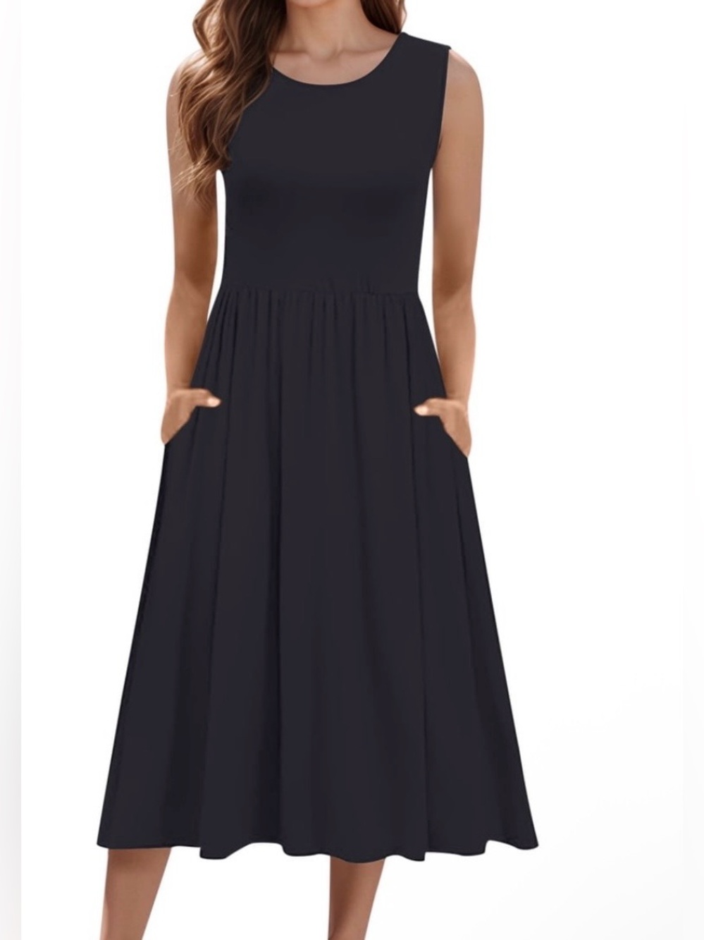 NWT Black Sleeveless Midi Dress with Pockets Stretch Casual A-Line Size S
